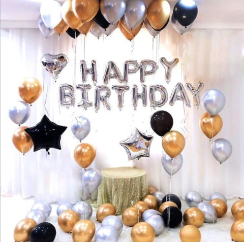 Zestaw Balonów z Girlandą "Happy Birthday" - Złoto i Srebro - 86 szt.