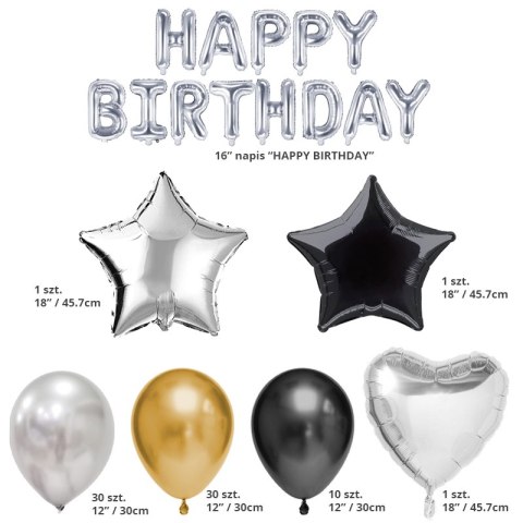 Zestaw Balonów z Girlandą "Happy Birthday" - Złoto i Srebro - 86 szt.