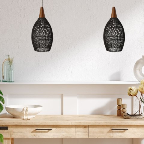 Lampa Wisząca z Rattanu i Drewna - Czarna - 25 x 50 cm