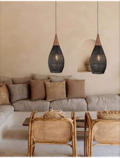 Lampa Wisząca z Rattanu i Drewna - Czarna - 25 x 50 cm