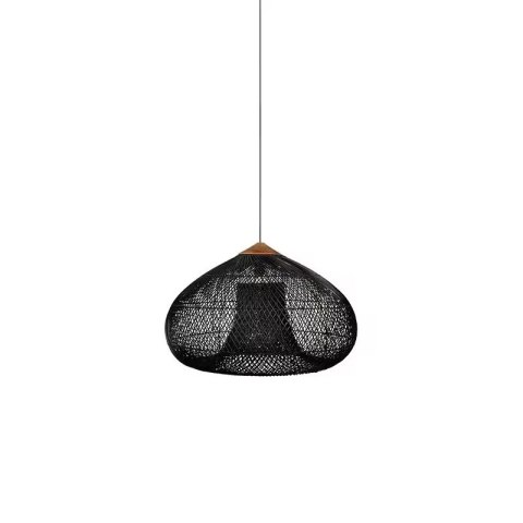 Lampa Wisząca z Rattanu i Drewna - Czarna - 40 x 35 cm
