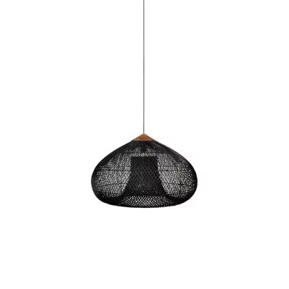 Lampa Wisząca z Rattanu i Drewna - Czarna - 50 x 35 cm