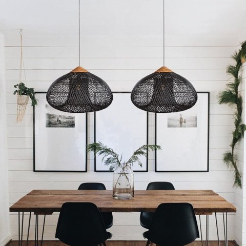 Lampa Wisząca z Rattanu i Drewna - Czarna - 50 x 35 cm