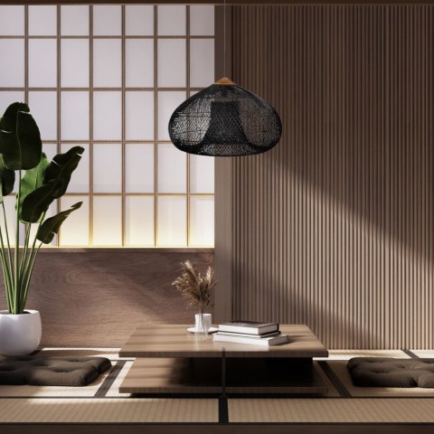 Lampa Wisząca z Rattanu i Drewna - Czarna - 50 x 35 cm