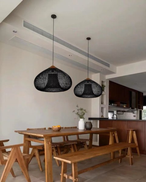 Lampa Wisząca z Rattanu i Drewna - Czarna - 50 x 35 cm