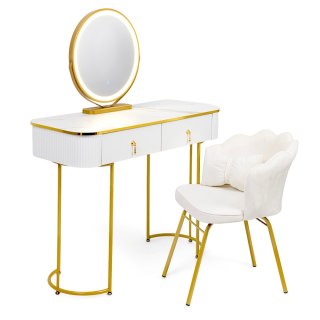 Stolik Kosmetyczny z Lustrem LED - Biało-Złoty / Marmur - 100 cm