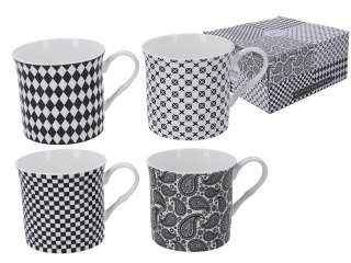 Zestaw 4 Kubków Ceramicznych – Wzory Monochromatyczne - 295 ml