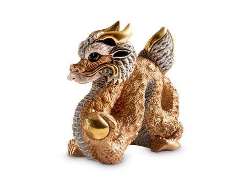 Rzeźba Dekoracyjna - Chiński Smok Złota Róża - 12 x 6 cm