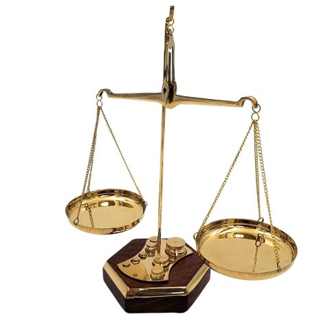 Złota Rzeźba Dekoracyjna na Podstawie - Waga Szalkowa z Odważnikami - 24 cm