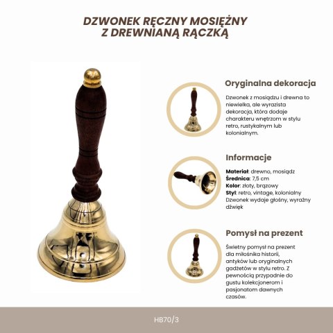 Dzwonek Ręczny Mosiężny z Drewnianym Uchwytem – 16 cm