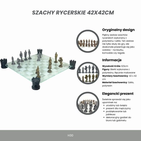 Szachy Rycerskie ze Szklaną Szachownicą–Ręcznie Malowane–42 cm