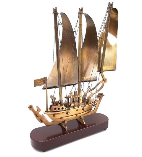 Model Okrętu na Drewnianej Podstawie - Mosiądz – Wys. 38 cm