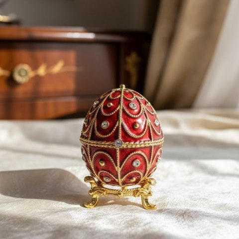 Szkatułka Metalowa z Kryształami –Jajo Fabergé– Czerwień i Złoto – 6,5 cm