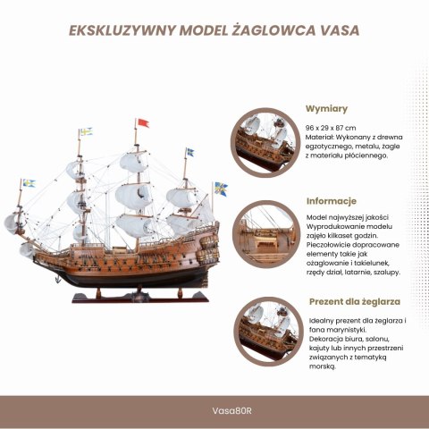 Model Żaglowca Vasa z Rozwiniętymi Żaglami na Drewnianej Podstawie – 96 cm