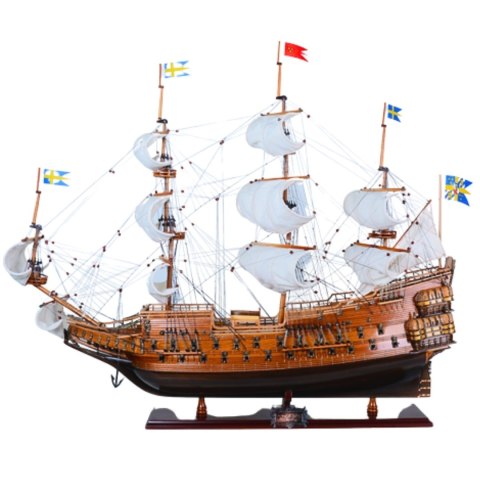 Model Żaglowca Vasa z Rozwiniętymi Żaglami na Drewnianej Podstawie – 96 cm