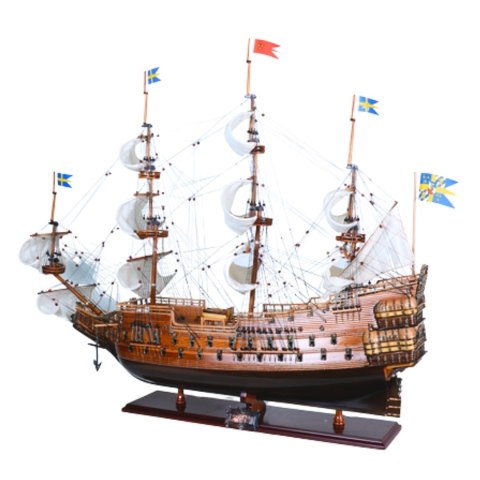 Model Żaglowca Vasa z Rozwiniętymi Żaglami na Drewnianej Podstawie – 96 cm