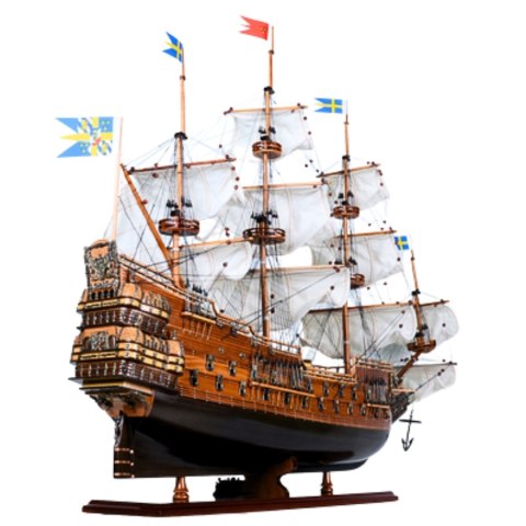 Model Żaglowca Vasa z Rozwiniętymi Żaglami na Drewnianej Podstawie – 96 cm