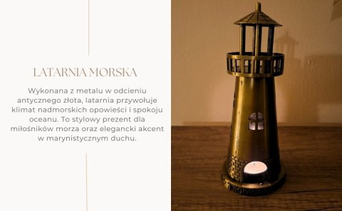 Rzeźba Marynistyczna: Latarnia Morska ze Świecznikiem – Antyczne Złoto – 18,5 cm