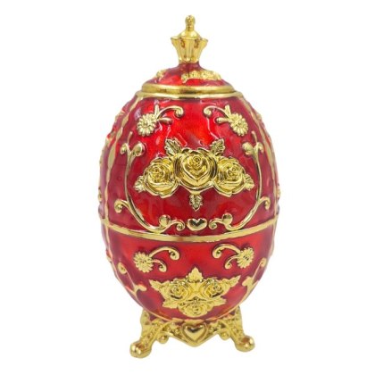 Szkatułka z Motywem Róży – Jajo Fabergé – Czerwień i Złoto – 18 cm