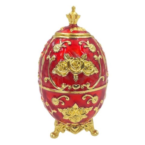 Szkatułka z Motywem Róży – Jajo Fabergé – Czerwień i Złoto – 18 cm