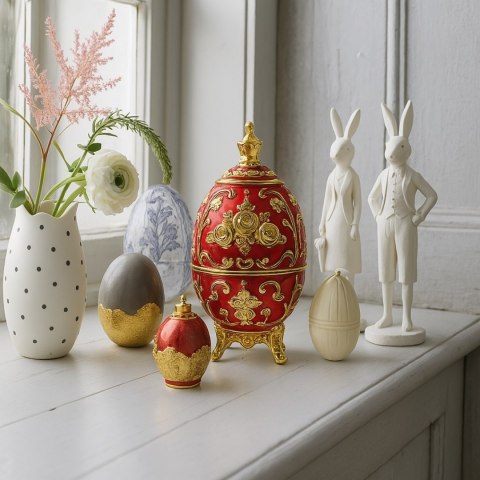 Szkatułka z Motywem Róży – Jajo Fabergé – Czerwień i Złoto – 18 cm