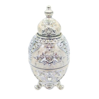 Szkatułka z Motywem Róży – Jajo Fabergé – Biel i Srebro – 18 cm