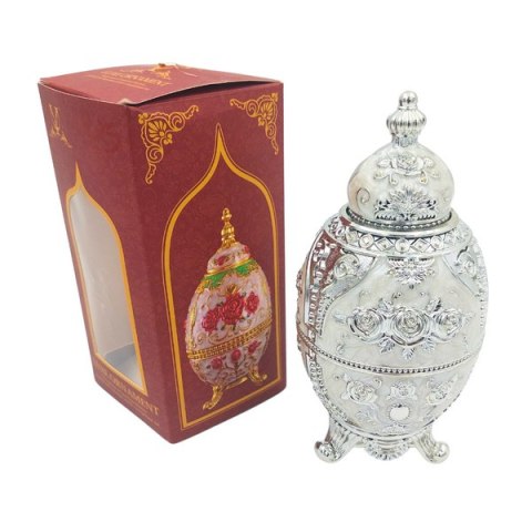 Szkatułka z Motywem Róży – Jajo Fabergé – Biel i Srebro – 18 cm