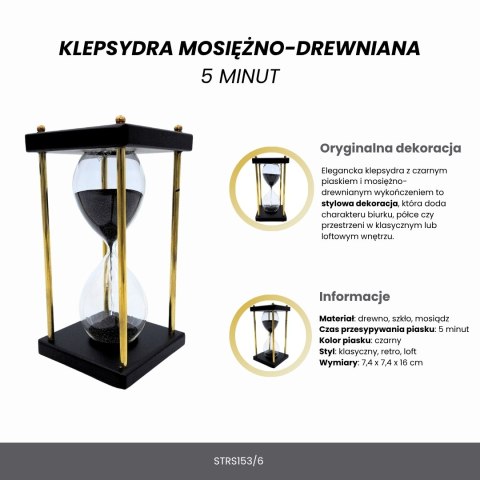 Mosiężno-Drewniana Klepsydra z Czarnym Piaskiem – 5 Minut – 16 cm