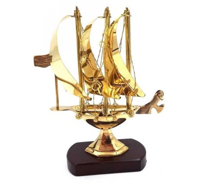 Model Okrętu na Drewnianej Podstawie – Mosiądz – Wys. 20 cm