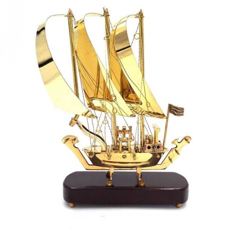 Model Okrętu na Drewnianej Podstawie –Mosiądz – Wys. 30 cm