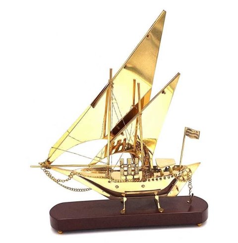 Model Okrętu na Drewnianej Podstawie – Mosiądz – Wys. 43 cm