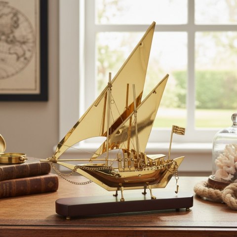 Model Okrętu na Drewnianej Podstawie – Mosiądz – Wys. 43 cm
