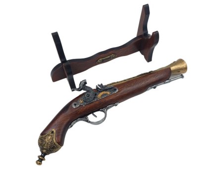 Pistolet Kapiszonowy na Drewnianym Stojaku – Motyw Arystokratyczny Wpływ – 38 cm