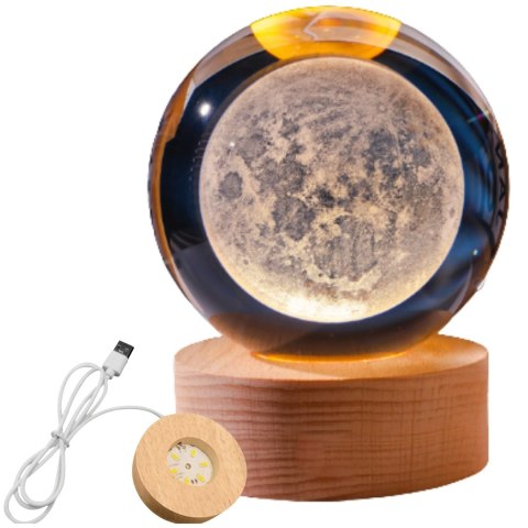 Szklana Lampka Nocna LED 3D – Motyw Księżyca – Wys. 9,5 cm