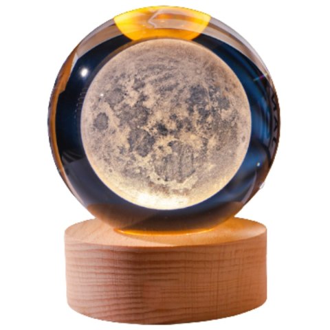Szklana Lampka Nocna LED 3D – Motyw Księżyca – Wys. 9,5 cm