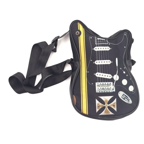 Wodoodporna Torba na Ramię ze Skóry Syntetycznej – Motyw Gitary i Krzyża Maltańskiego – Dł. 34 cm