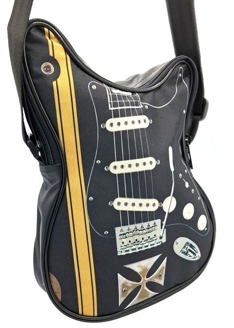 Wodoodporna Torba na Ramię ze Skóry Syntetycznej – Motyw Gitary i Krzyża Maltańskiego – Dł. 34 cm