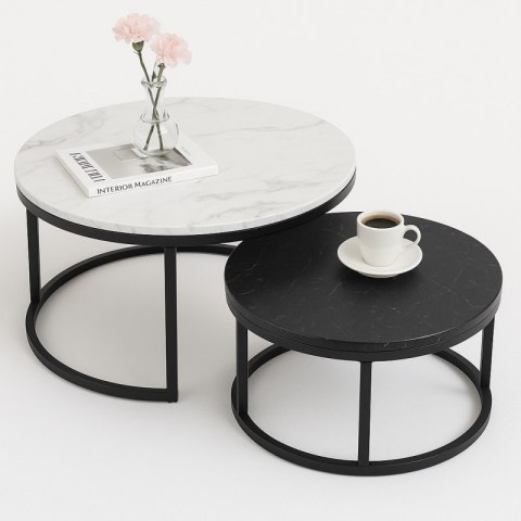Zestaw Okrągłych Stolików Kawowych 2w1 Efekt Marmuru – 60 i 80 cm