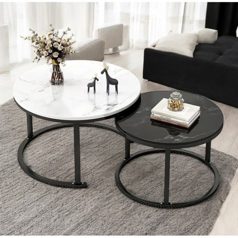 Zestaw Okrągłych Stolików Kawowych 2w1 Efekt Marmuru – 60 i 80 cm