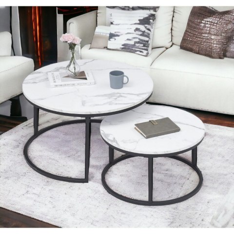 Zestaw Okrągłych Stolików Kawowych 2w1 Efekt Marmuru – 60 i 80 cm