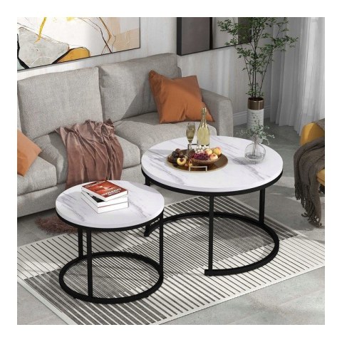 Zestaw Okrągłych Stolików Kawowych 2w1 Efekt Marmuru – 60 i 80 cm