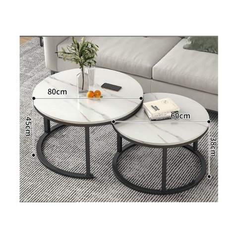 Zestaw Okrągłych Stolików Kawowych 2w1 Efekt Marmuru – 60 i 80 cm