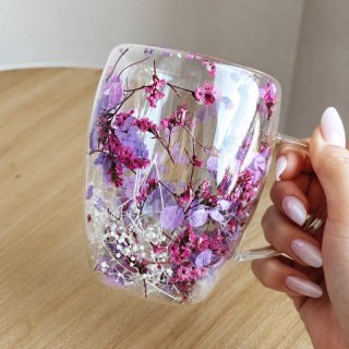 Szklanka Termiczna z Zatopionymi Kwiatami - Gipsówka i Hortensja - 300 ml