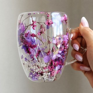 Szklanka Termiczna z Zatopionymi Kwiatami - Gipsówka i Hortensja - 300 ml