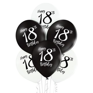 Zestaw Balonów "Happy Birthday 18" (30 cm) - Czarno-Białe - 12 szt.