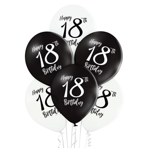Zestaw Balonów "Happy Birthday 18" (30 cm) - Czarno-Białe - 12 szt.