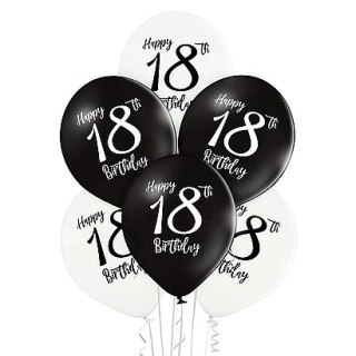 Zestaw Balonów "Happy Birthday 18" (42 cm) - Czarno-Białe - 12 szt.