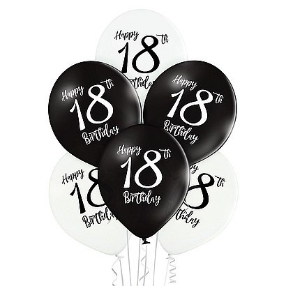 Zestaw Balonów "Happy Birthday 18" (42 cm) - Czarno-Białe - 12 szt.