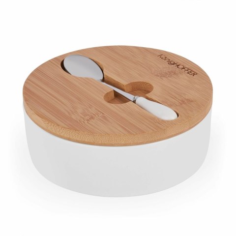 Cukiernica Porcelanowa Z Bambusową Pokrywką - Biała - 14,5 x 5 cm