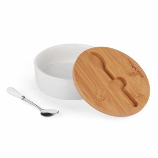 Cukiernica Porcelanowa Z Bambusową Pokrywką - Biała - 14,5 x 5 cm
